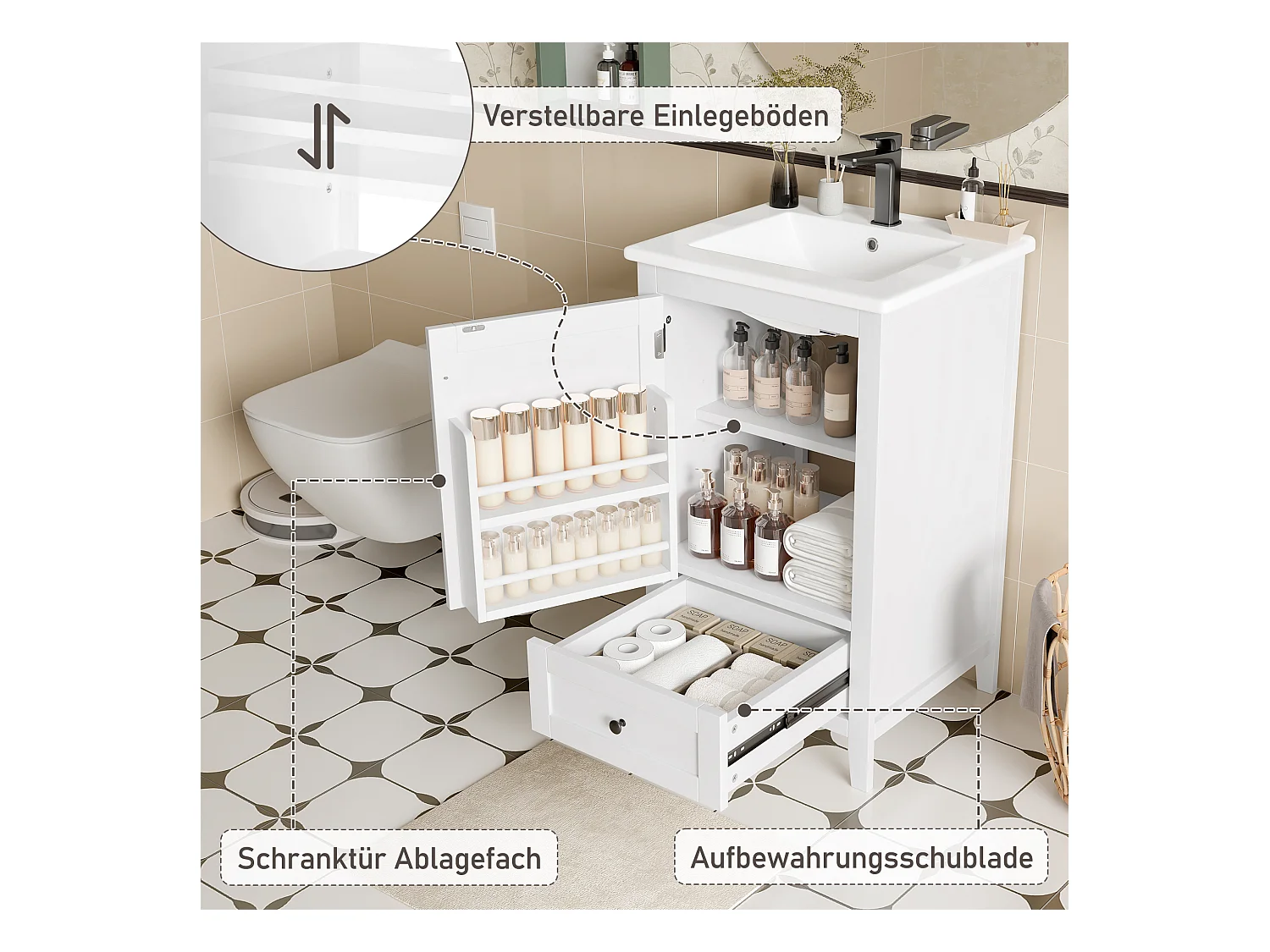 Meuble simple vasque posé au sol - 51 x 46 x 85 cm - avec vasque céramique - avec rangements -  Céramique + MDF - blanc (Robinet non inclus)