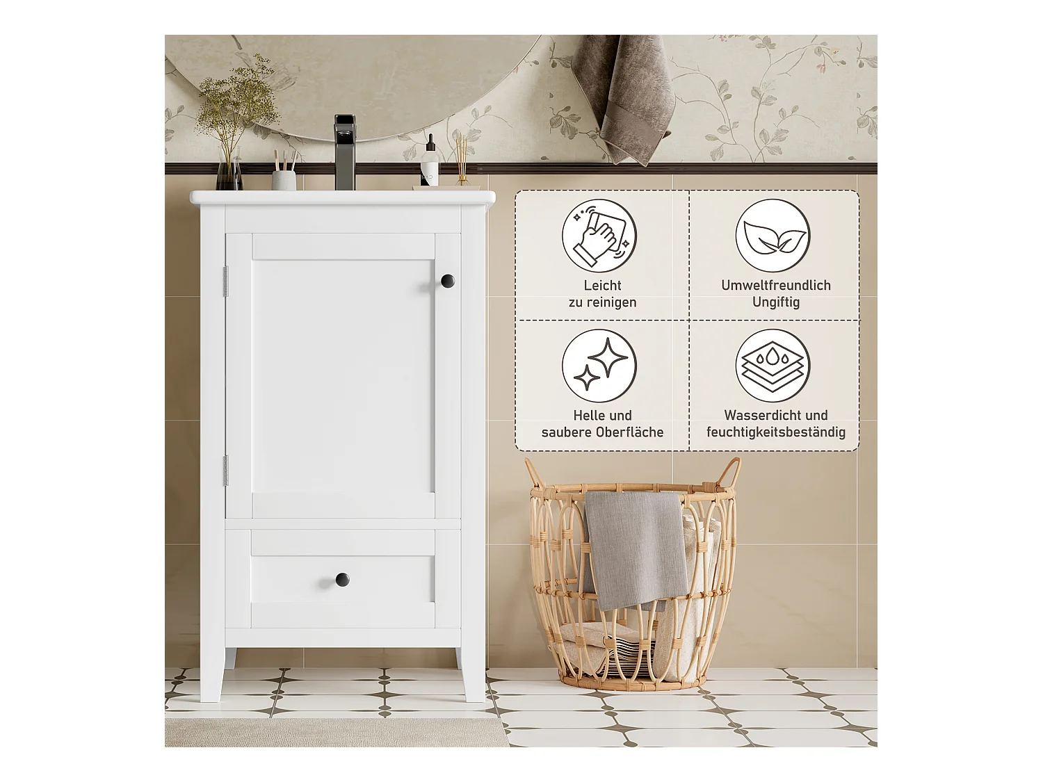 Meuble simple vasque posé au sol - 51 x 46 x 85 cm - avec vasque céramique - avec rangements -  Céramique + MDF - blanc (Robinet non inclus)