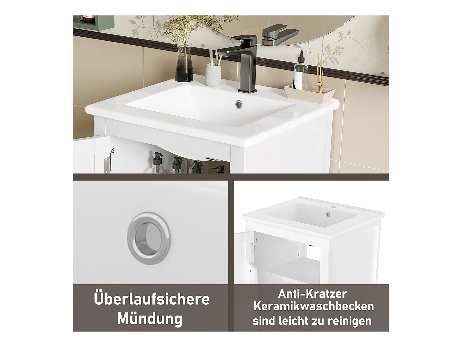 Meuble simple vasque posé au sol - 51 x 46 x 85 cm - avec vasque céramique - avec rangements -  Céramique + MDF - blanc (Robinet non inclus)