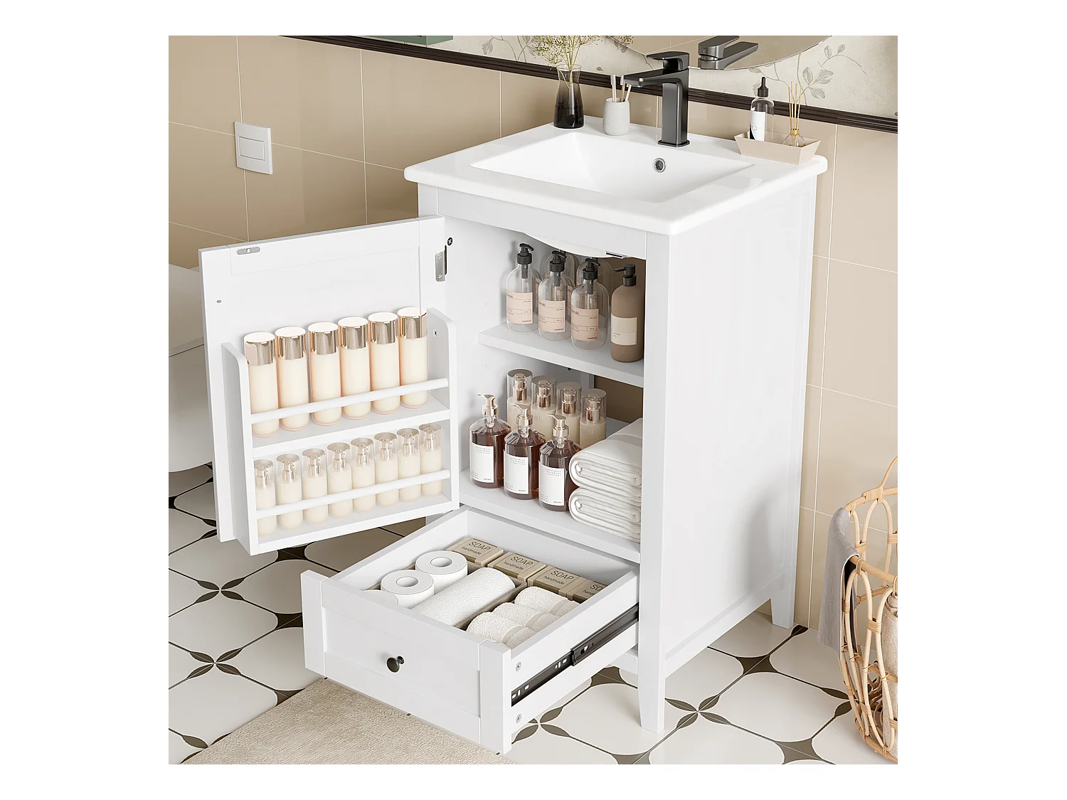 Einzelwaschtisch, bodenstehender Waschtischunterschrank – 51 x 46 x 85 cm – mit Keramikbecken – mit Ablage – Keramik + MDF – weiß (Wasserhahn nicht enthalten)