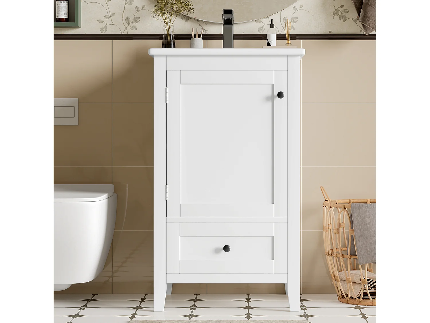 Einzelwaschtisch, bodenstehender Waschtischunterschrank – 51 x 46 x 85 cm – mit Keramikbecken – mit Ablage – Keramik + MDF – weiß (Wasserhahn nicht enthalten)