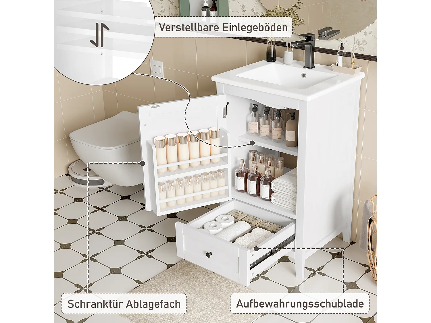 Einzelwaschtisch, bodenstehender Waschtischunterschrank – 51 x 46 x 85 cm – mit Keramikbecken – mit Ablage – Keramik + MDF – weiß (Wasserhahn nicht enthalten)