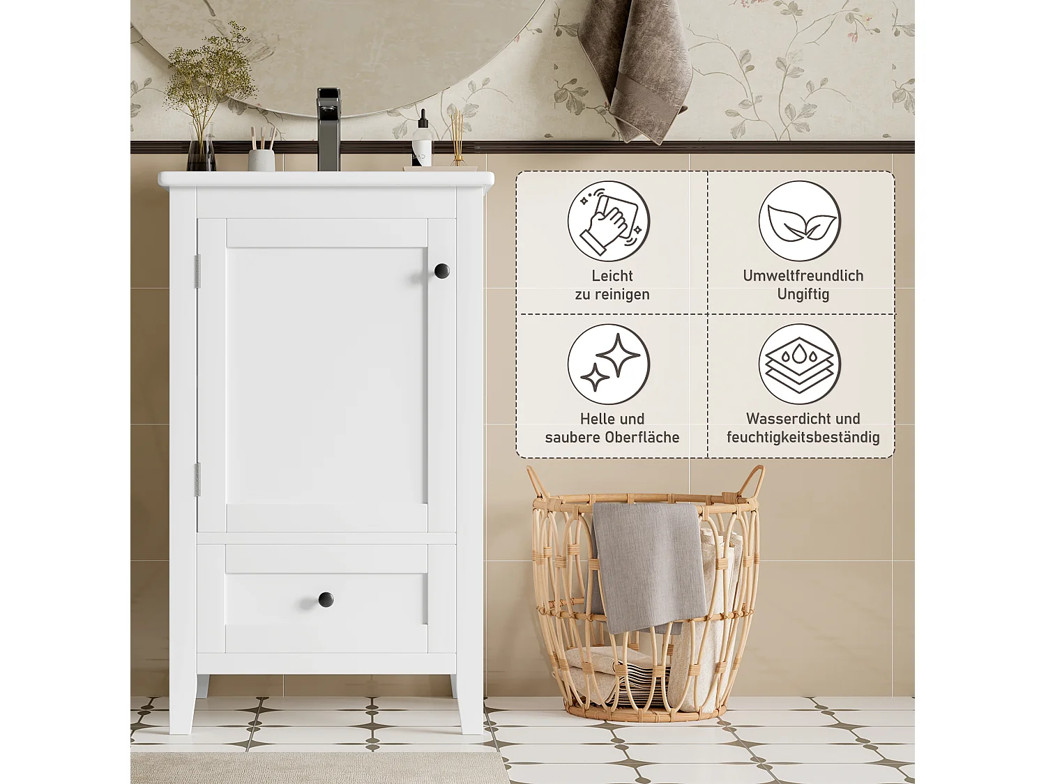 Einzelwaschtisch, bodenstehender Waschtischunterschrank – 51 x 46 x 85 cm – mit Keramikbecken – mit Ablage – Keramik + MDF – weiß (Wasserhahn nicht enthalten)