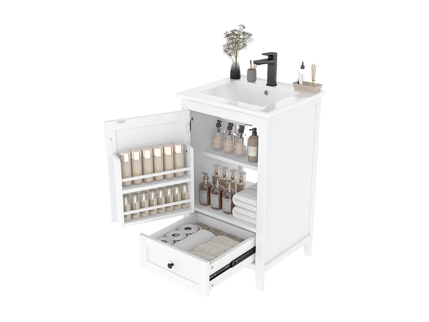 Einzelwaschtisch, bodenstehender Waschtischunterschrank – 51 x 46 x 85 cm – mit Keramikbecken – mit Ablage – Keramik + MDF – weiß (Wasserhahn nicht enthalten)