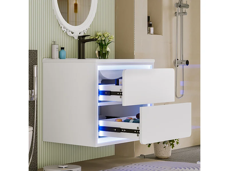 Meuble simple vasque suspendus - 60 x 46 x 50 cm - avec Leds + 2 tiroirs -  vasque intégrée - Céramique + MDF - blanc (Robinet non inclus)