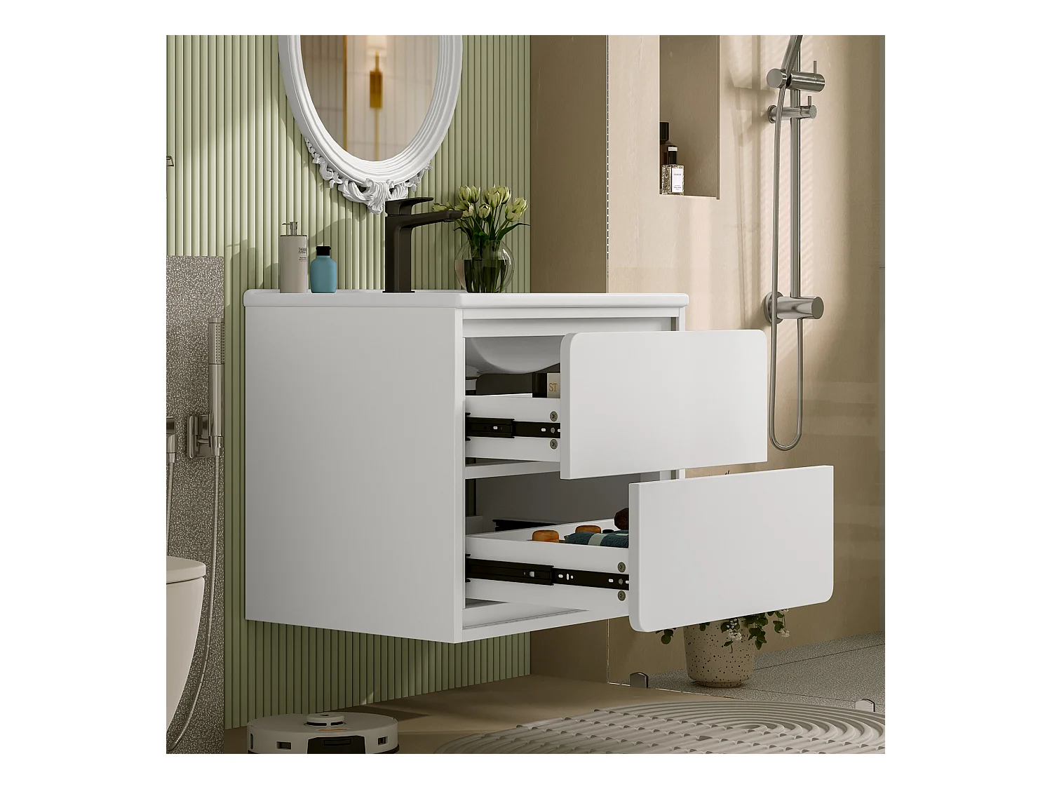 Meuble simple vasque suspendus - 60 x 46 x 50 cm - avec Leds + 2 tiroirs -  vasque intégrée - Céramique + MDF - blanc (Robinet non inclus)