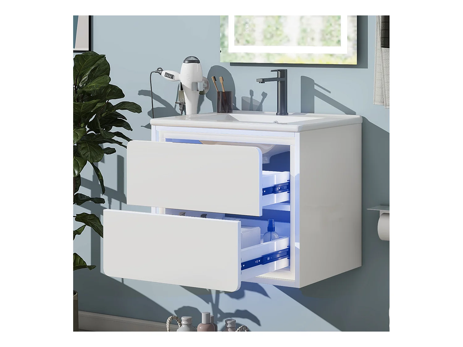 Meuble simple vasque suspendus - 60 x 46 x 50 cm - avec Leds + 2 tiroirs -  vasque intégrée - Céramique + MDF - blanc (Robinet non inclus)