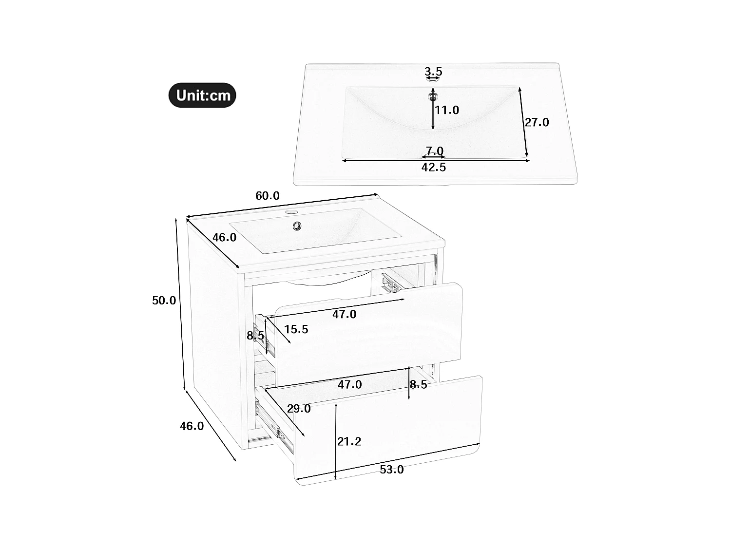 Meuble simple vasque suspendus - 60 x 46 x 50 cm - avec Leds + 2 tiroirs -  vasque intégrée - Céramique + MDF - blanc (Robinet non inclus)