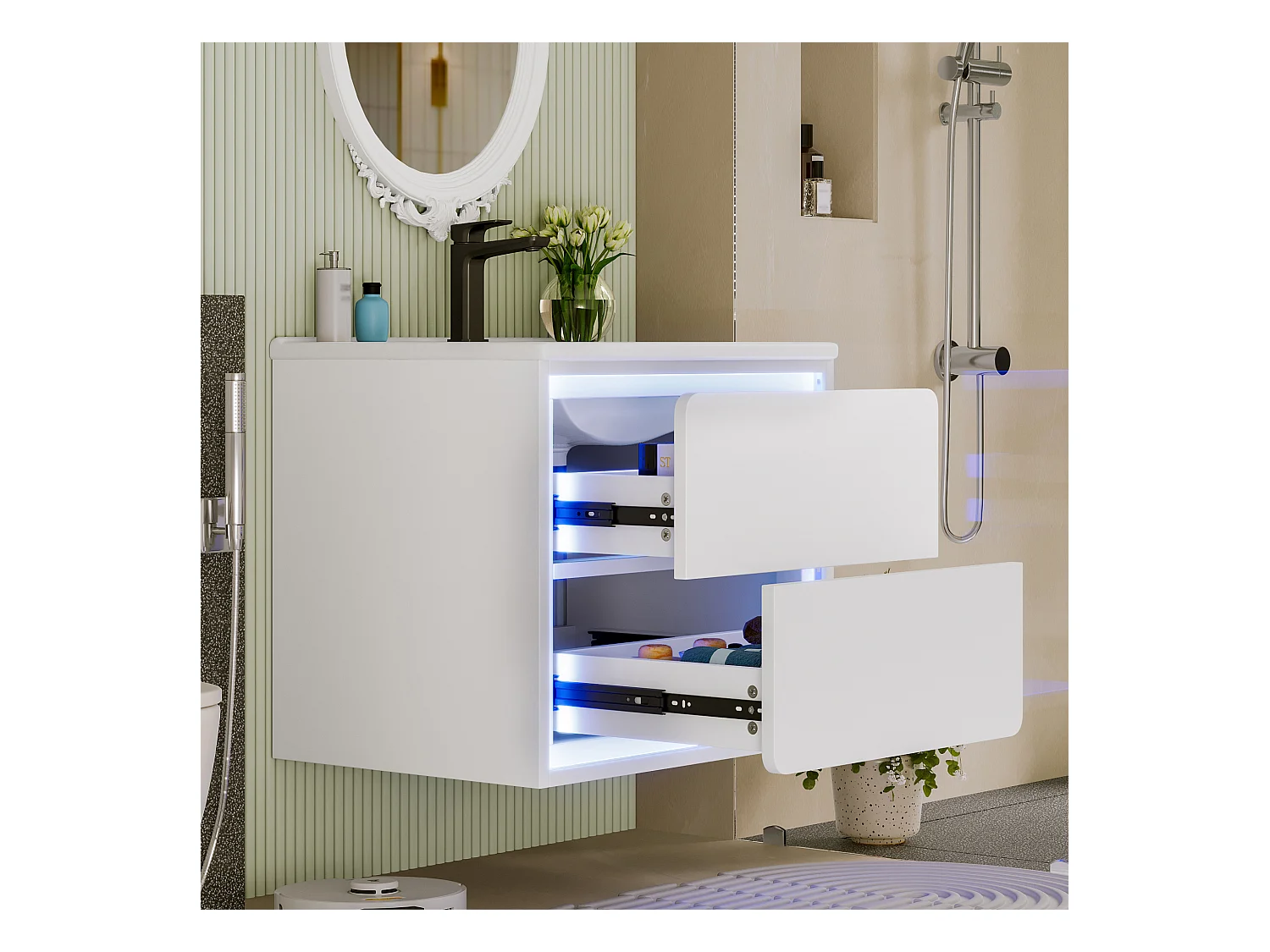 Einzelwaschtisch-Unterschrank, wandhängend, 60 x 46 x 50 cm, mit LEDs + 2 Schubladen, integriertes Waschbecken, Keramik + MDF, weiß (ohne Wasserhahn)