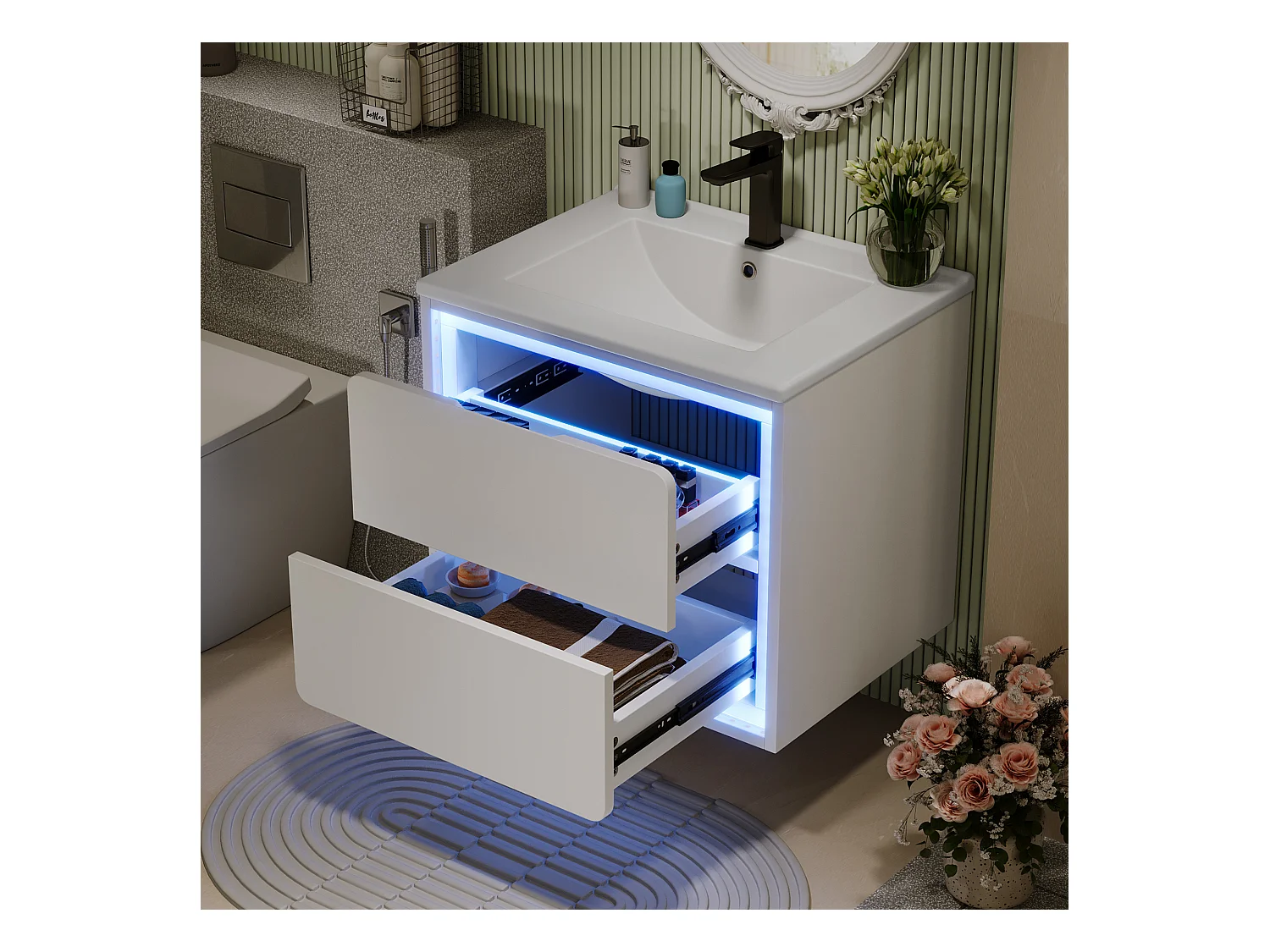 Einzelwaschtisch-Unterschrank, wandhängend, 60 x 46 x 50 cm, mit LEDs + 2 Schubladen, integriertes Waschbecken, Keramik + MDF, weiß (ohne Wasserhahn)