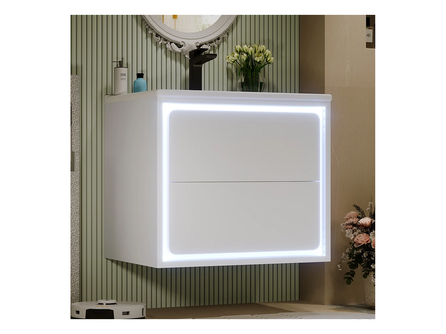 Einzelwaschtisch-Unterschrank, wandhängend, 60 x 46 x 50 cm, mit LEDs + 2 Schubladen, integriertes Waschbecken, Keramik + MDF, weiß (ohne Wasserhahn)