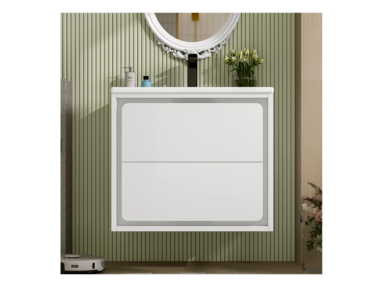 Einzelwaschtisch-Unterschrank, wandhängend, 60 x 46 x 50 cm, mit LEDs + 2 Schubladen, integriertes Waschbecken, Keramik + MDF, weiß (ohne Wasserhahn)