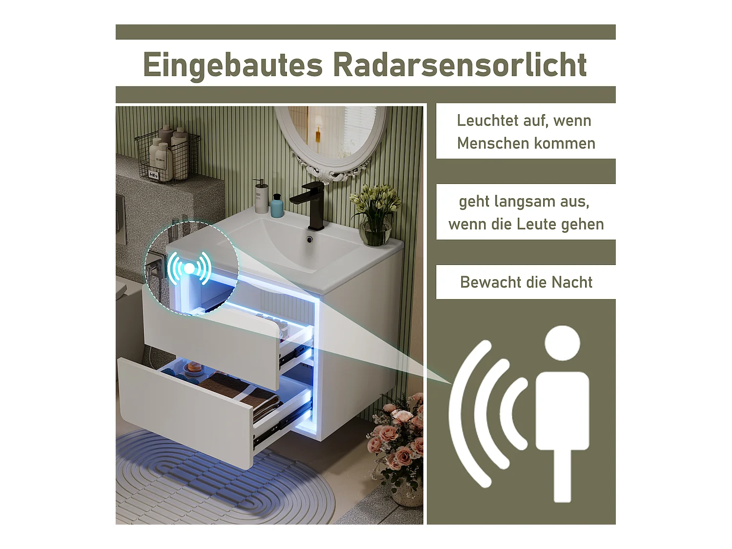 Einzelwaschtisch-Unterschrank, wandhängend, 60 x 46 x 50 cm, mit LEDs + 2 Schubladen, integriertes Waschbecken, Keramik + MDF, weiß (ohne Wasserhahn)
