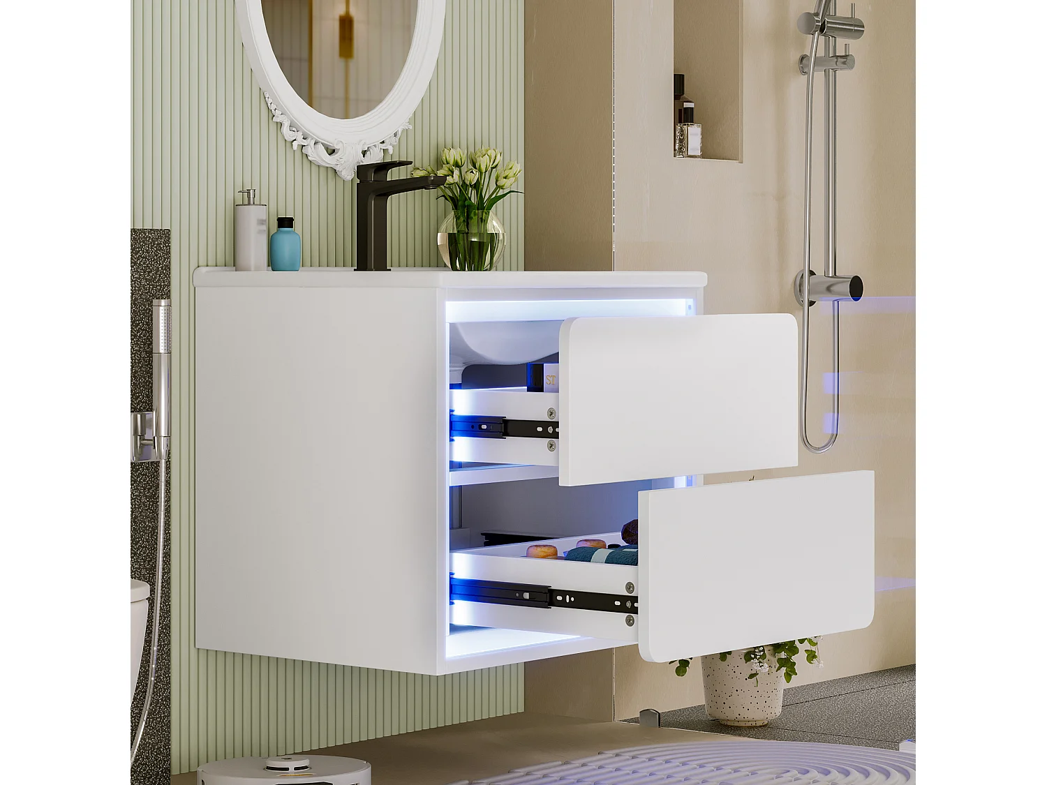 Meuble simple vasque suspendus - 60 x 46 x 50 cm - avec Leds + 2 tiroirs -  vasque intégrée - Céramique + MDF - blanc (Robinet non inclus)