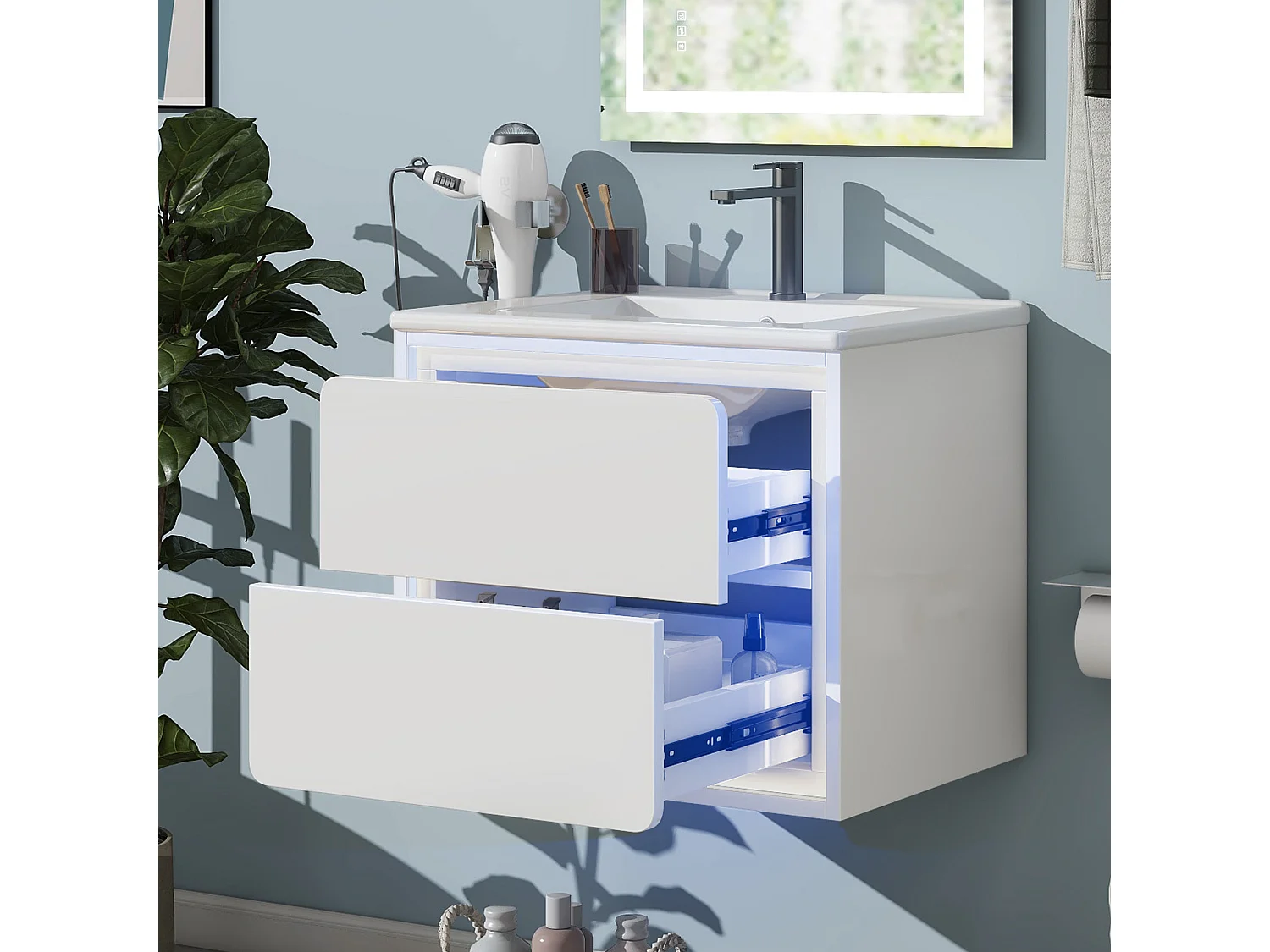 Meuble simple vasque suspendus - 60 x 46 x 50 cm - avec Leds + 2 tiroirs -  vasque intégrée - Céramique + MDF - blanc (Robinet non inclus)