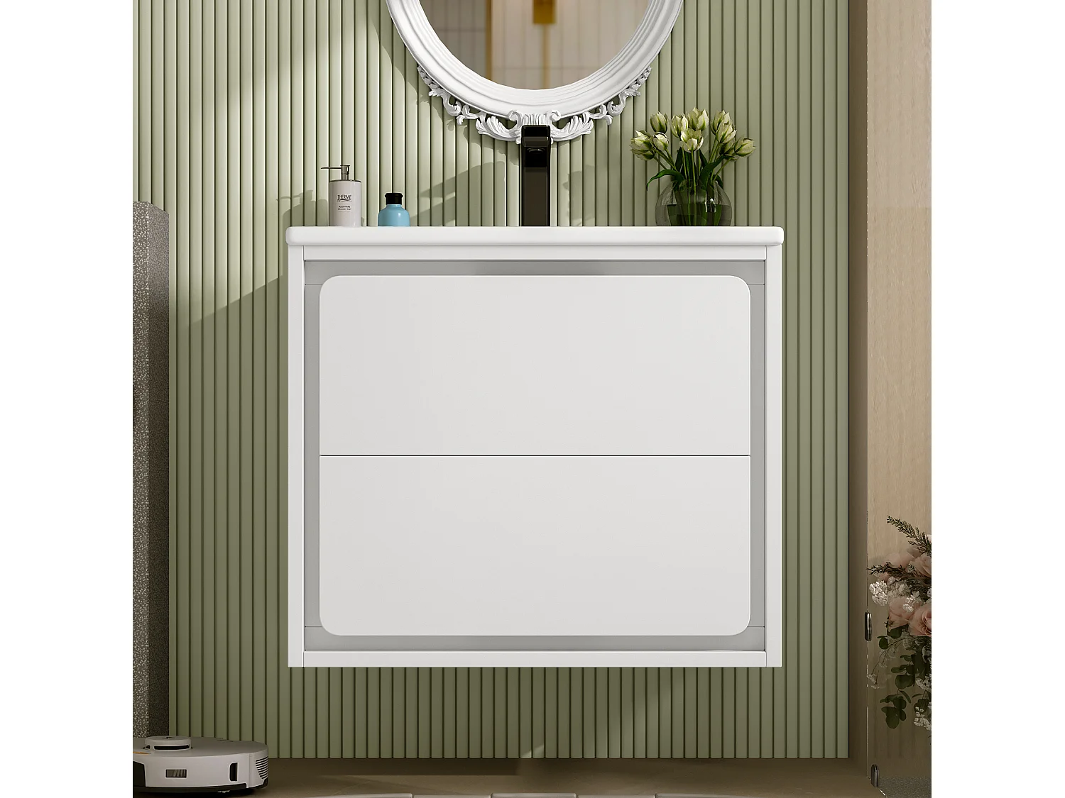 Meuble simple vasque suspendus - 60 x 46 x 50 cm - avec Leds + 2 tiroirs -  vasque intégrée - Céramique + MDF - blanc (Robinet non inclus)