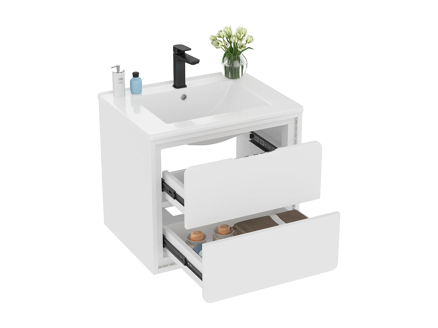 Meuble simple vasque suspendus - 60 x 46 x 50 cm - avec Leds + 2 tiroirs -  vasque intégrée - Céramique + MDF - blanc (Robinet non inclus)