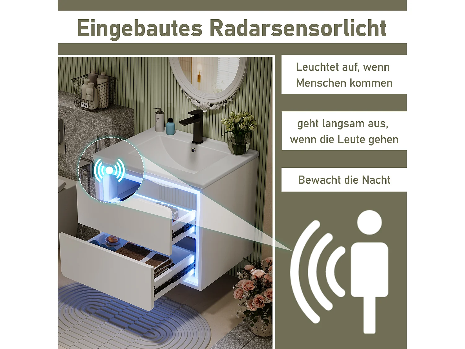 Meuble simple vasque suspendus - 60 x 46 x 50 cm - avec Leds + 2 tiroirs -  vasque intégrée - Céramique + MDF - blanc (Robinet non inclus)