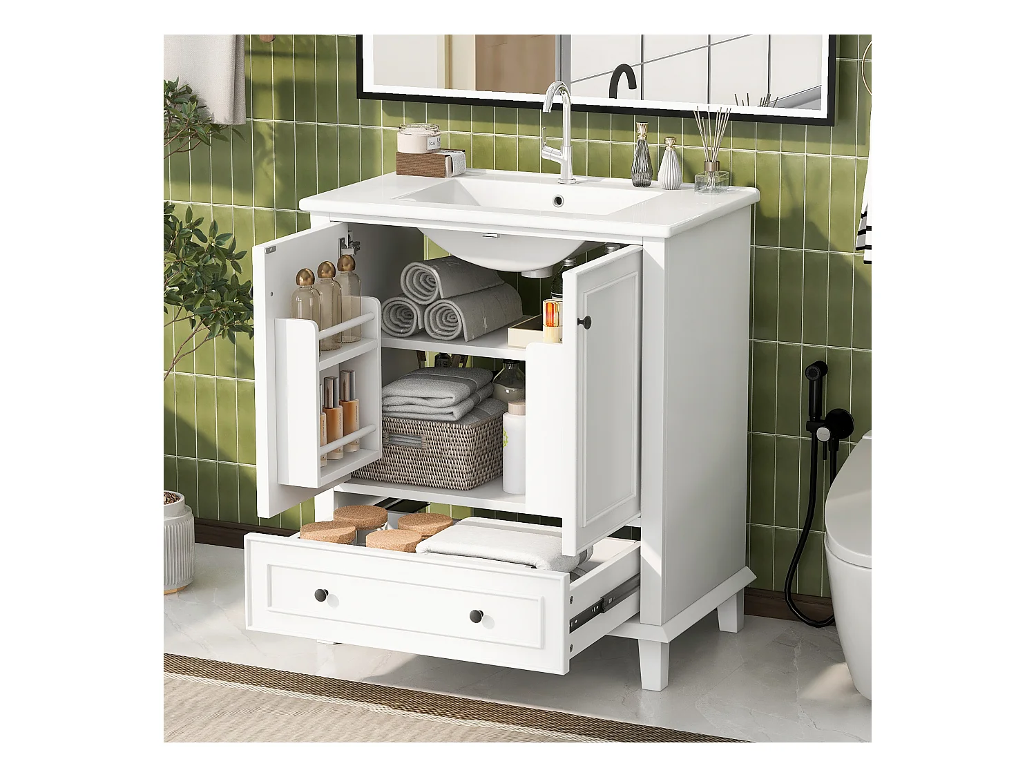 Meuble simple vasque posé au sol - 76 x 46 x 87 cm - avec vasque céramique - avec rangements -  Céramique + MDF - blanc (Robinet non inclus)