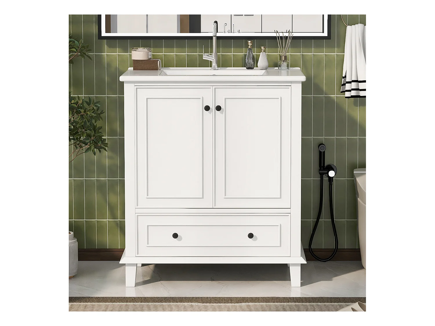 Meuble simple vasque posé au sol - 76 x 46 x 87 cm - avec vasque céramique - avec rangements -  Céramique + MDF - blanc (Robinet non inclus)