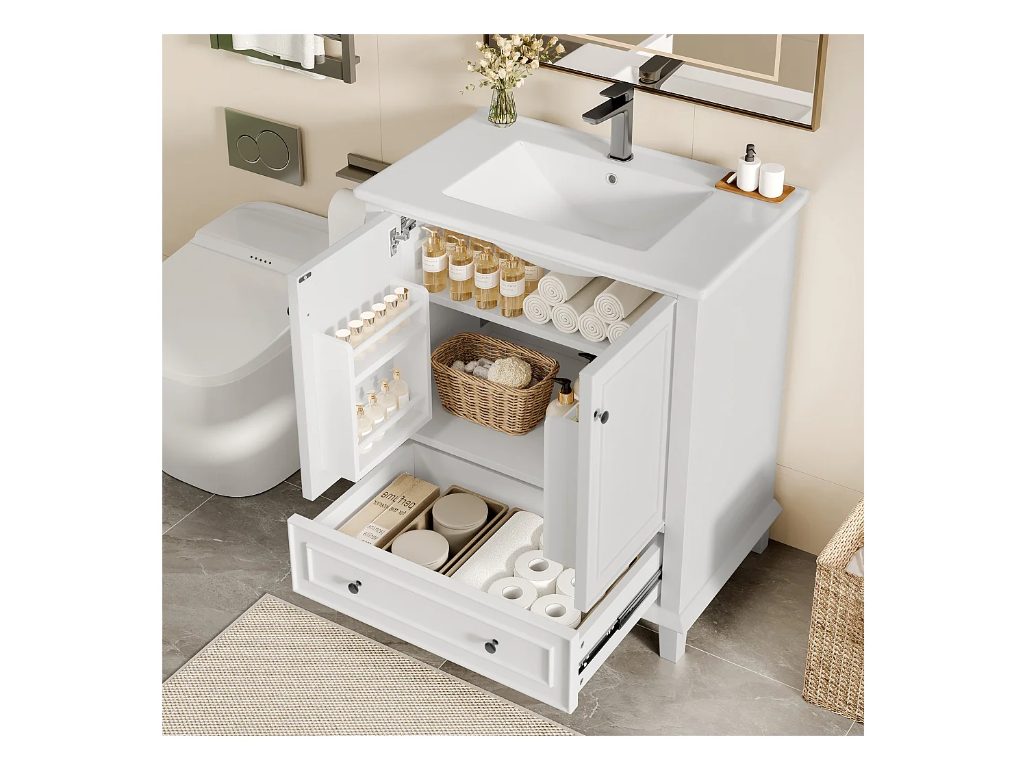 Meuble simple vasque posé au sol - 76 x 46 x 87 cm - avec vasque céramique - avec rangements -  Céramique + MDF - blanc (Robinet non inclus)