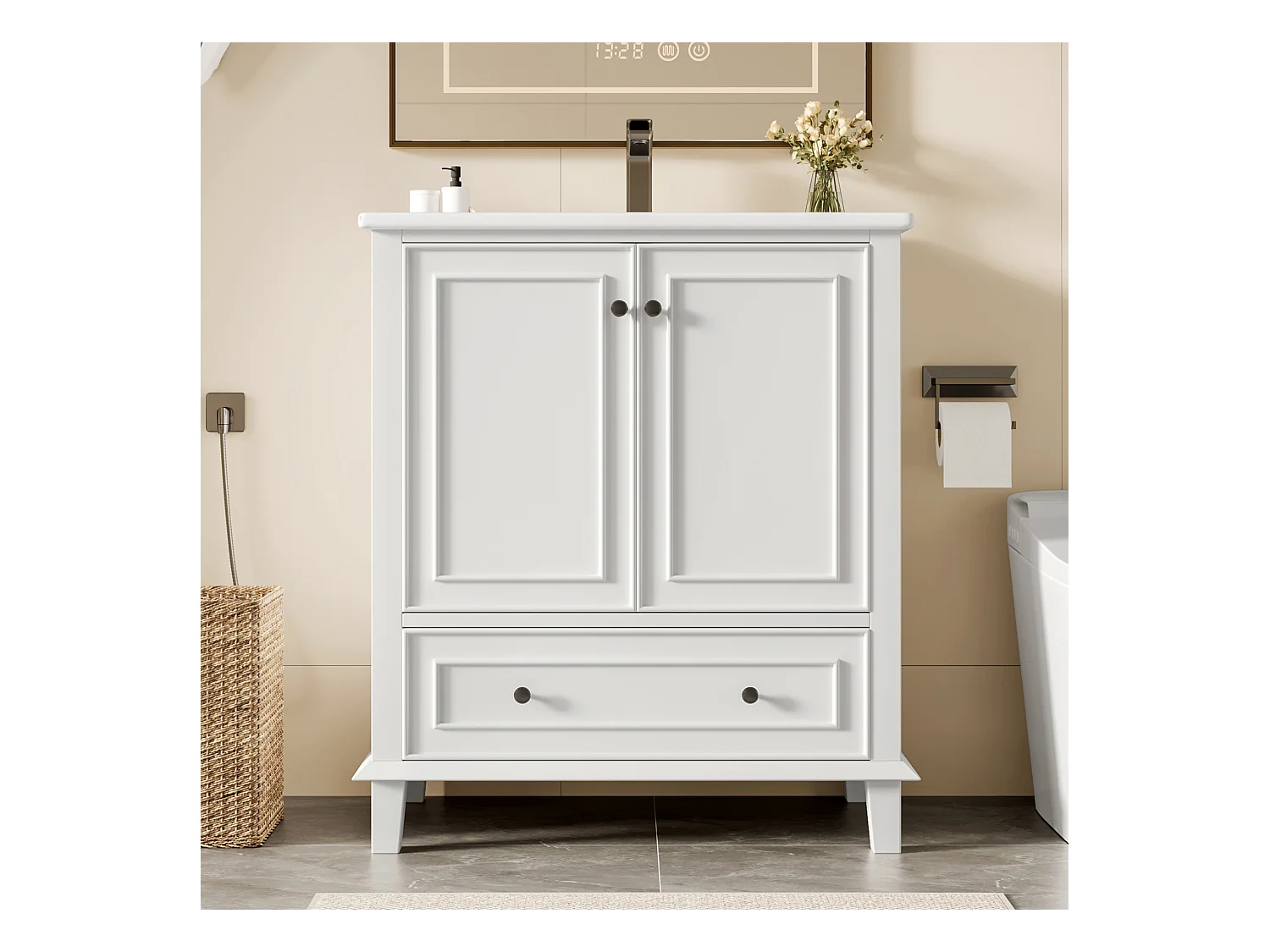 Meuble simple vasque posé au sol - 76 x 46 x 87 cm - avec vasque céramique - avec rangements -  Céramique + MDF - blanc (Robinet non inclus)