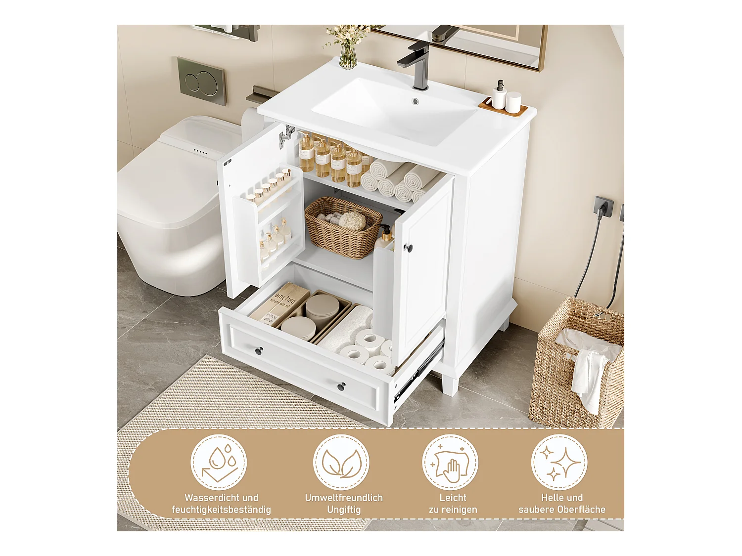 Meuble simple vasque posé au sol - 76 x 46 x 87 cm - avec vasque céramique - avec rangements -  Céramique + MDF - blanc (Robinet non inclus)