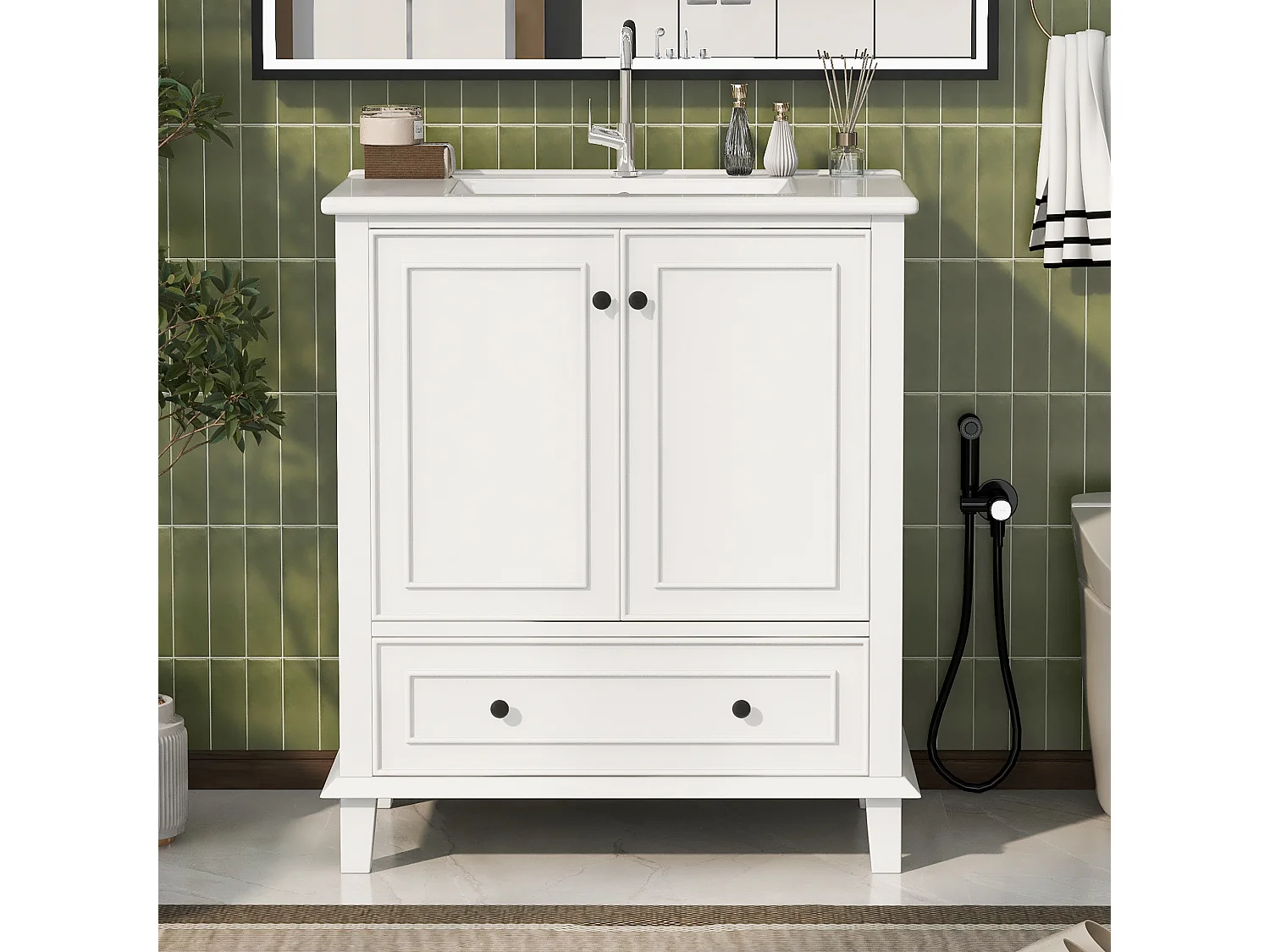 Meuble simple vasque posé au sol - 76 x 46 x 87 cm - avec vasque céramique - avec rangements -  Céramique + MDF - blanc (Robinet non inclus)