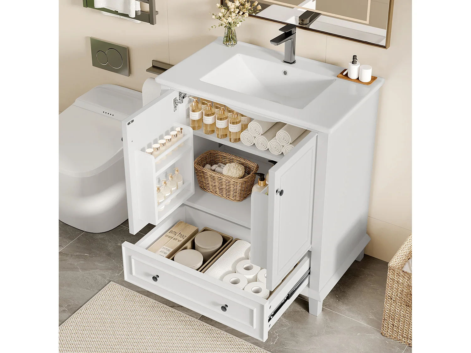 Meuble simple vasque posé au sol - 76 x 46 x 87 cm - avec vasque céramique - avec rangements -  Céramique + MDF - blanc (Robinet non inclus)