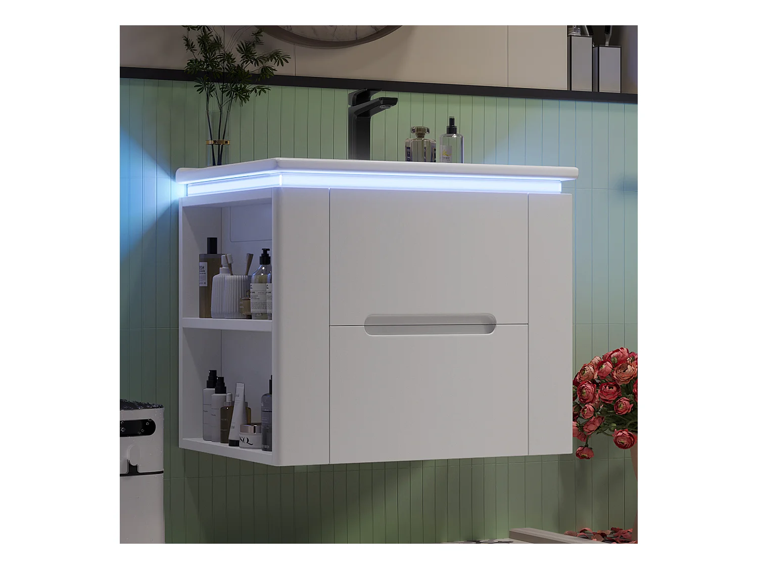 Enkelvoudige wandwastafel - 60 x 46 x 48,5 cm - met LED's + 2 laden - geïntegreerde wastafel - keramiek + MDF - wit (kraan niet inbegrepen)