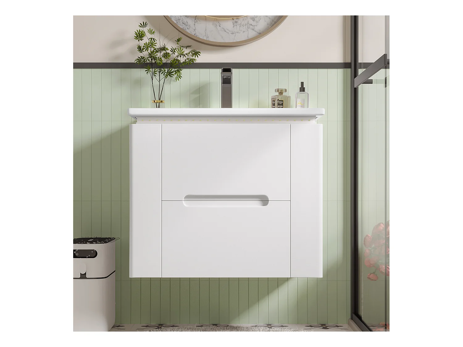 Enkelvoudige wandwastafel - 60 x 46 x 48,5 cm - met LED's + 2 laden - geïntegreerde wastafel - keramiek + MDF - wit (kraan niet inbegrepen)