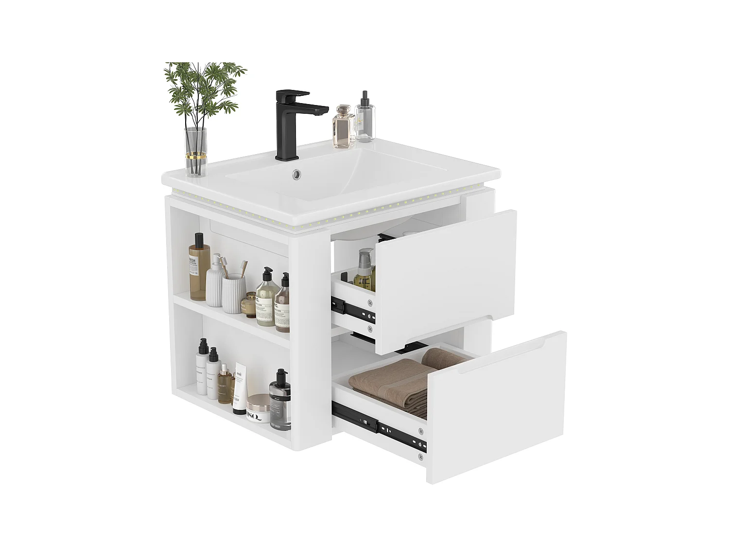 Enkelvoudige wandwastafel - 60 x 46 x 48,5 cm - met LED's + 2 laden - geïntegreerde wastafel - keramiek + MDF - wit (kraan niet inbegrepen)