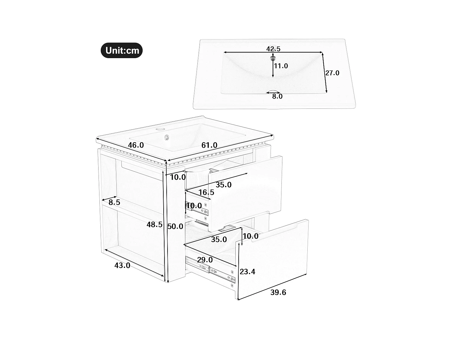 Enkelvoudige wandwastafel - 60 x 46 x 48,5 cm - met LED's + 2 laden - geïntegreerde wastafel - keramiek + MDF - wit (kraan niet inbegrepen)
