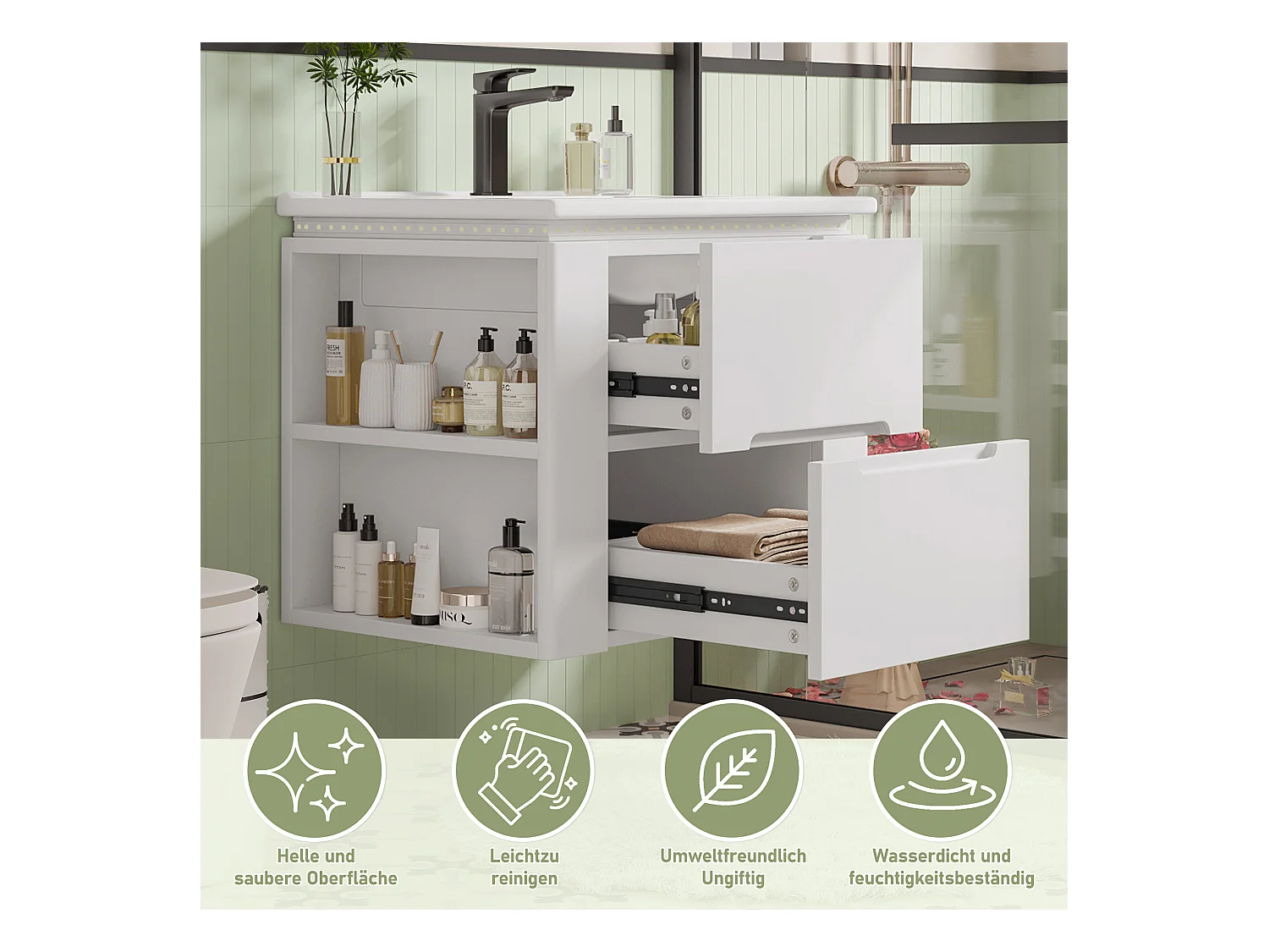 Enkelvoudige wandwastafel - 60 x 46 x 48,5 cm - met LED's + 2 laden - geïntegreerde wastafel - keramiek + MDF - wit (kraan niet inbegrepen)