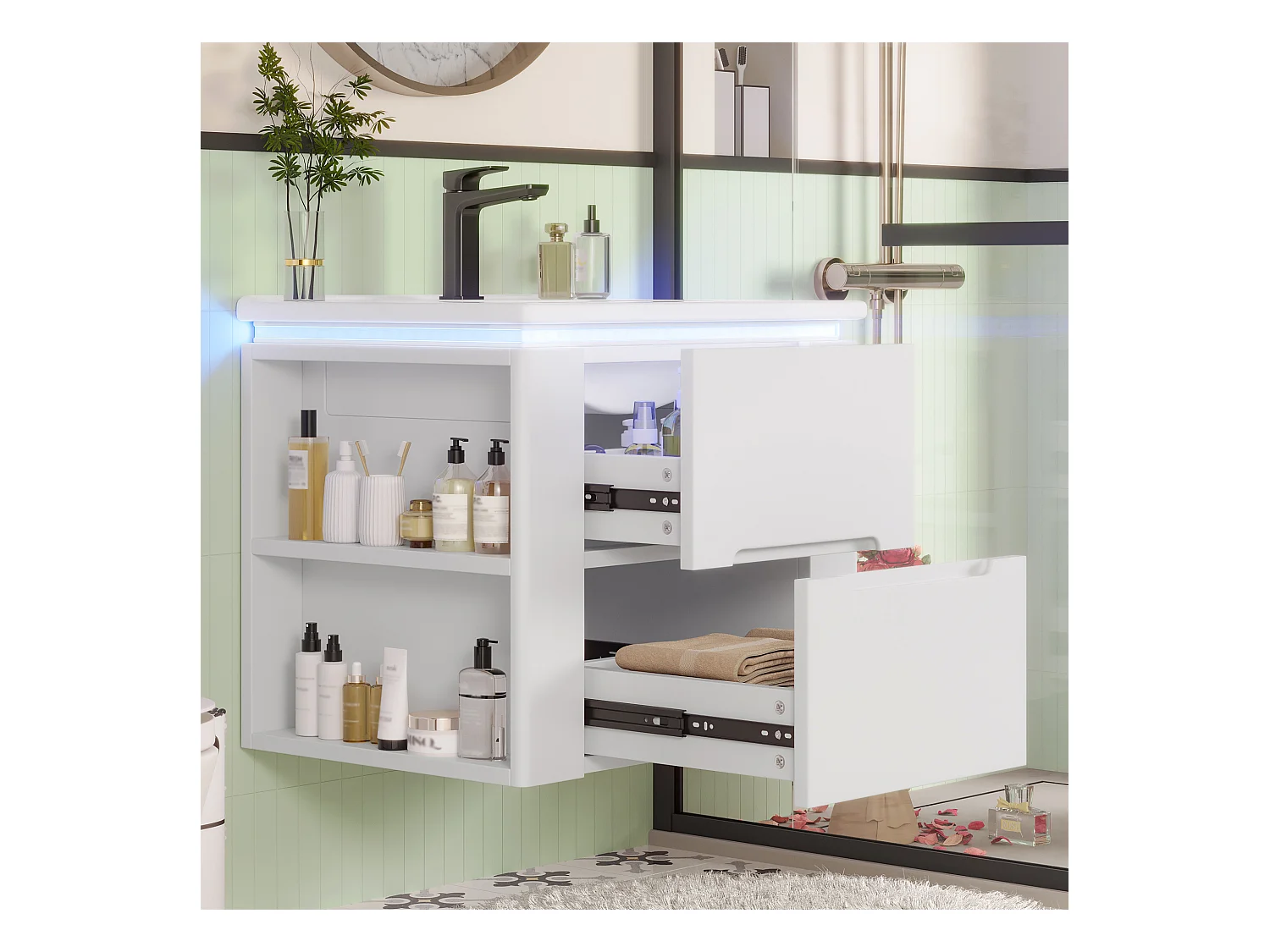 Meuble simple vasque suspendus - 60 x 46 x 48.5 cm - avec Leds + 2 tiroirs -  vasque intégrée - Céramique + MDF - blanc (Robinet non inclus)