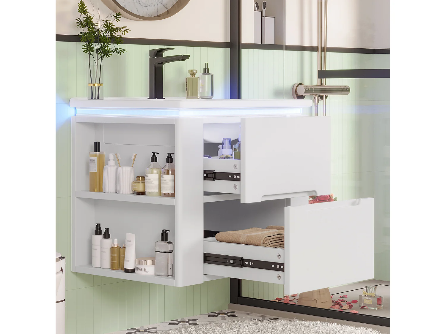 Meuble simple vasque suspendus - 60 x 46 x 48.5 cm - avec Leds + 2 tiroirs -  vasque intégrée - Céramique + MDF - blanc (Robinet non inclus)