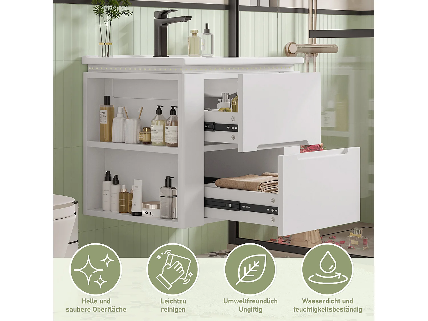 Meuble simple vasque suspendus - 60 x 46 x 48.5 cm - avec Leds + 2 tiroirs -  vasque intégrée - Céramique + MDF - blanc (Robinet non inclus)