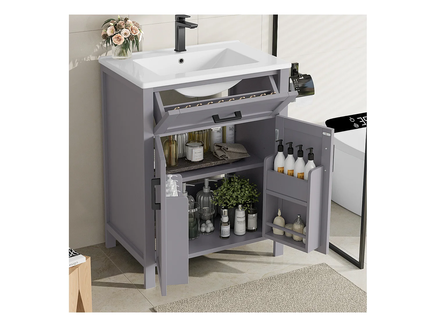 Einzelwaschtisch, bodenstehender Waschtischunterschrank – 60 x 46 x 84 cm – mit Keramikbecken – mit Ablage – Keramik + MDF – grau (Wasserhahn nicht enthalten)