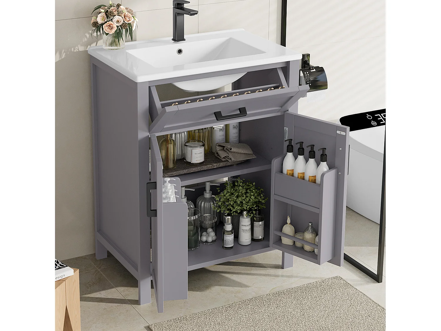 Meuble simple vasque posé au sol - 60 x 46 x 84 cm - avec vasque céramique - avec rangements -  Céramique + MDF - gris (Robinet non inclus)
