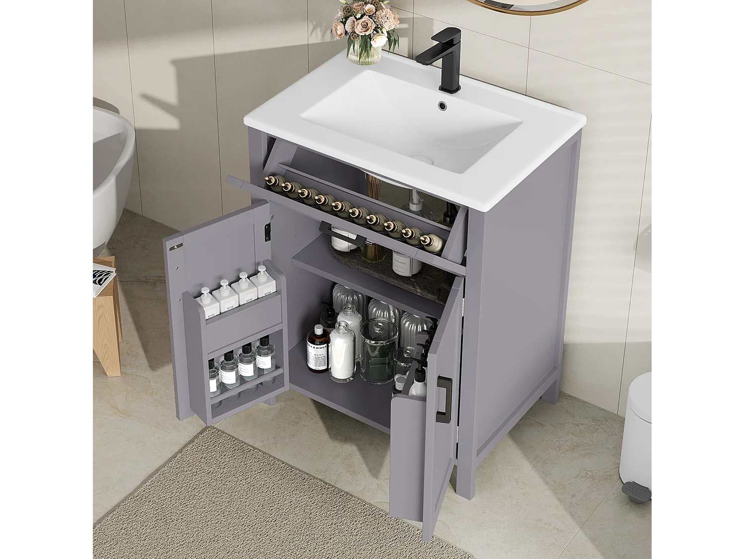 Meuble simple vasque posé au sol - 60 x 46 x 84 cm - avec vasque céramique - avec rangements -  Céramique + MDF - gris (Robinet non inclus)