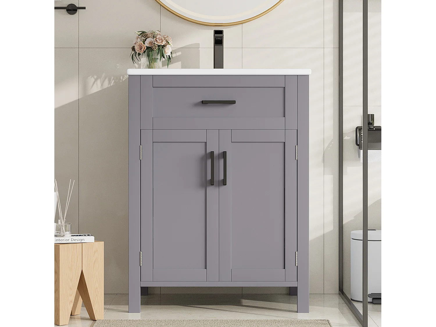 Meuble simple vasque posé au sol - 60 x 46 x 84 cm - avec vasque céramique - avec rangements -  Céramique + MDF - gris (Robinet non inclus)