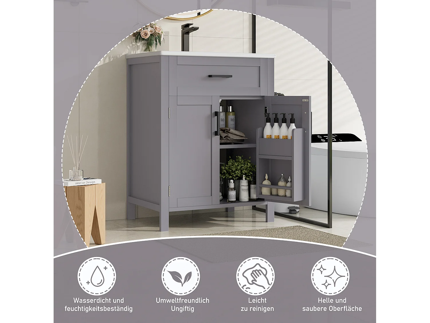 Meuble simple vasque posé au sol - 60 x 46 x 84 cm - avec vasque céramique - avec rangements -  Céramique + MDF - gris (Robinet non inclus)
