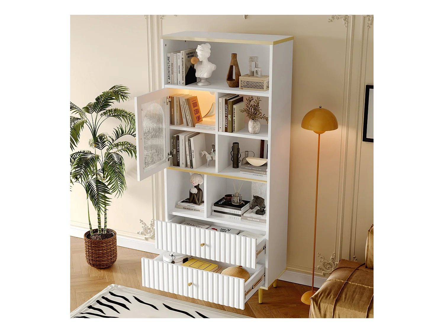 Bibliothèque multifonctionnelle - 78 x 36 x 180 cm -  avec 1 porte transparente + 2 tiroirs + Leds - MDF + Métal - blanc