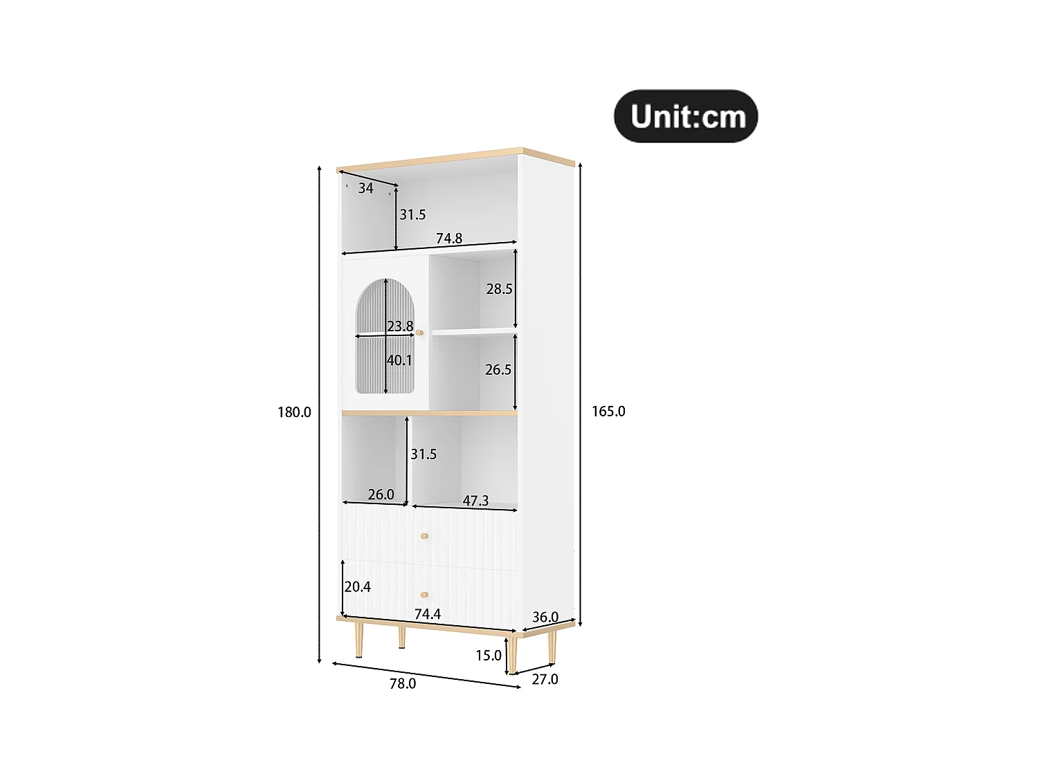 Bibliothèque multifonctionnelle - 78 x 36 x 180 cm -  avec 1 porte transparente + 2 tiroirs + Leds - MDF + Métal - blanc