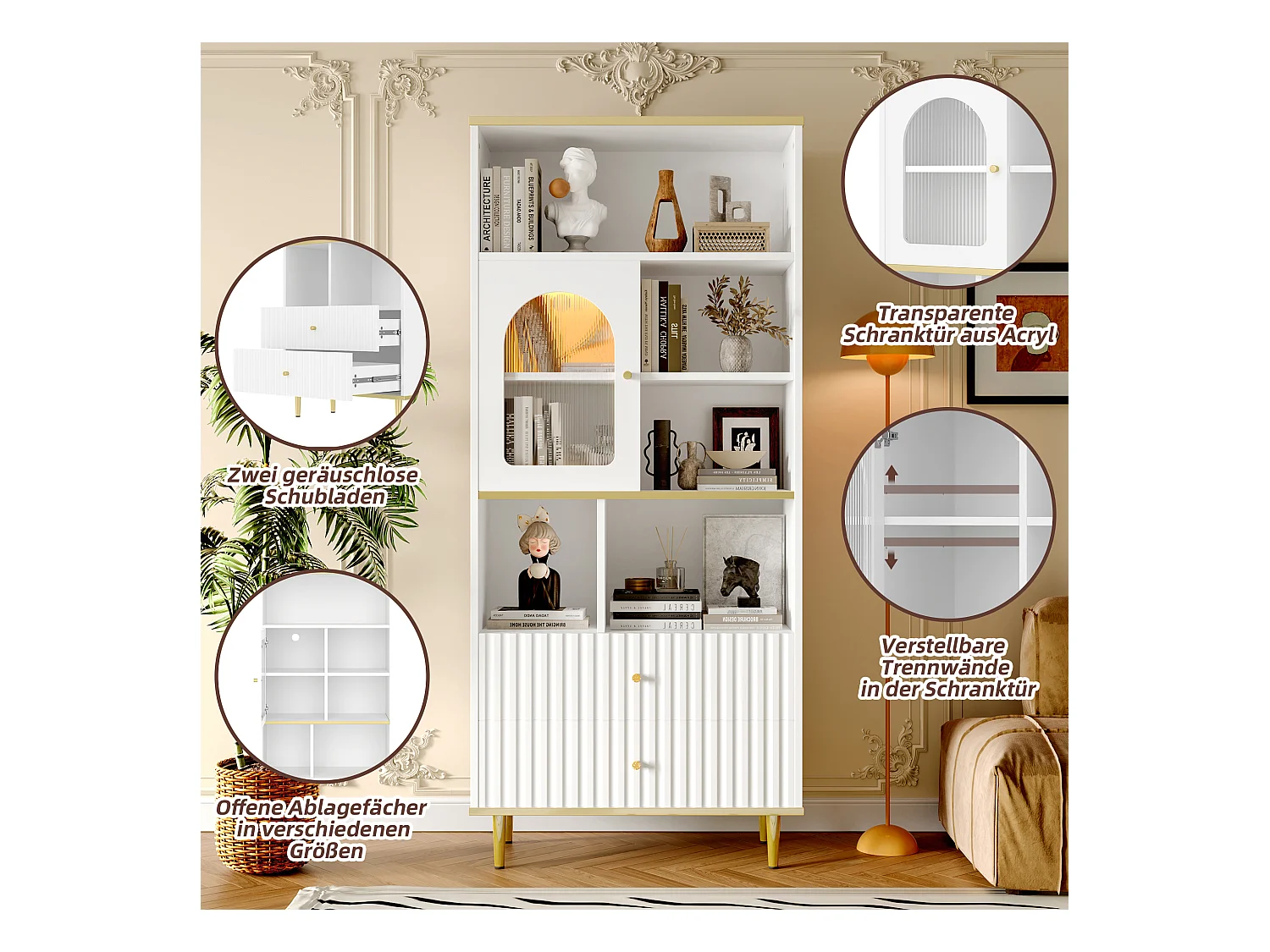 Bibliothèque multifonctionnelle - 78 x 36 x 180 cm -  avec 1 porte transparente + 2 tiroirs + Leds - MDF + Métal - blanc