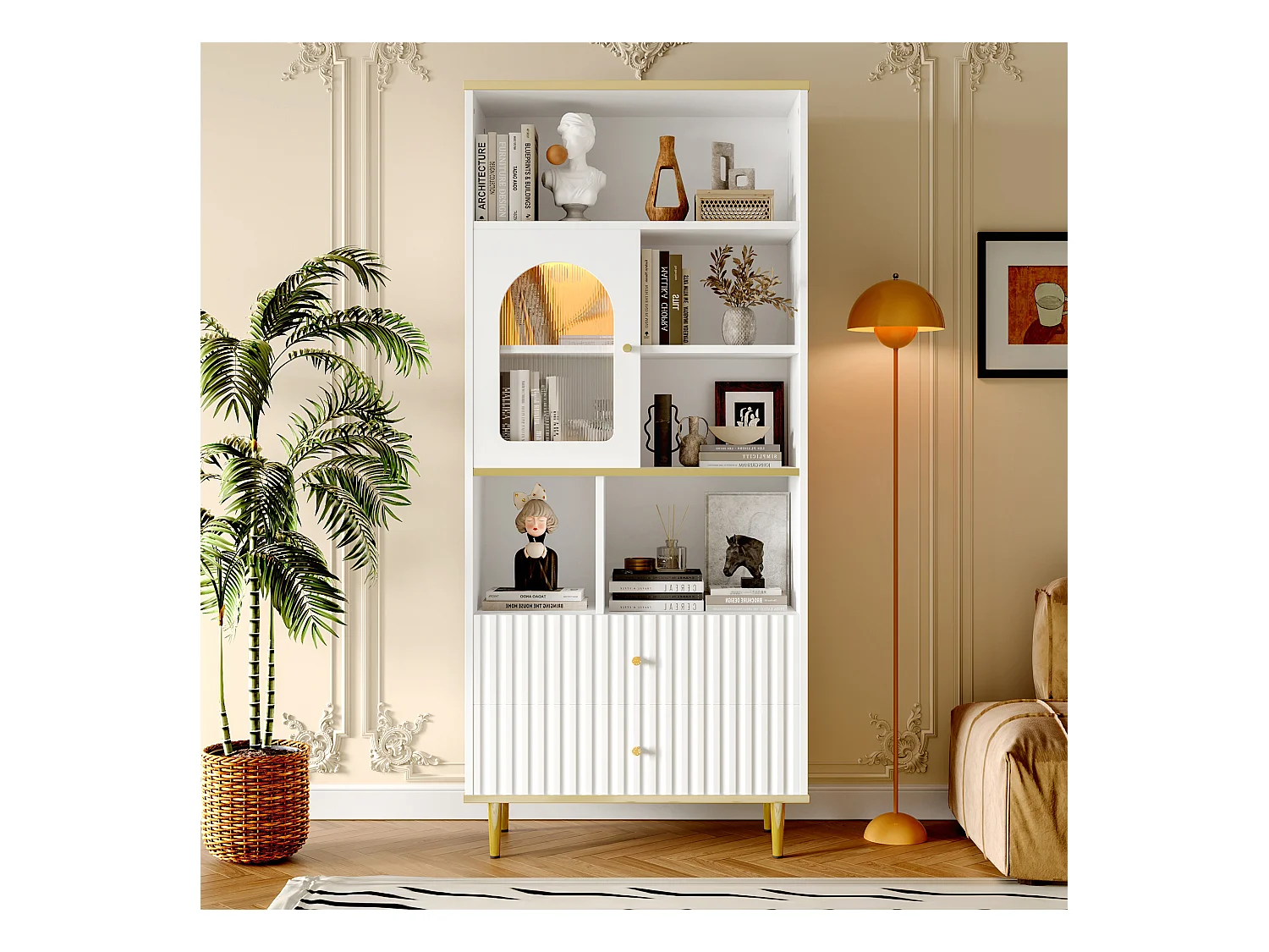 Multifunktionales Bücherregal - 78 x 36 x 180 cm - mit 1 transparenten Tür + 2 Schubladen + LEDs - MDF + Metall - weiß