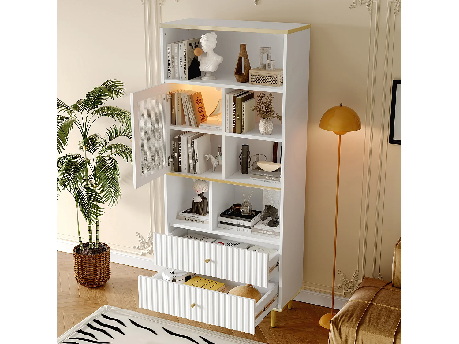 Bibliothèque multifonctionnelle - 78 x 36 x 180 cm -  avec 1 porte transparente + 2 tiroirs + Leds - MDF + Métal - blanc