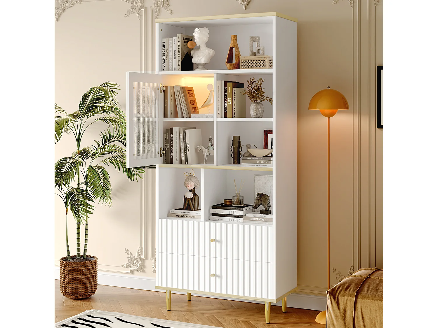 Bibliothèque multifonctionnelle - 78 x 36 x 180 cm -  avec 1 porte transparente + 2 tiroirs + Leds - MDF + Métal - blanc