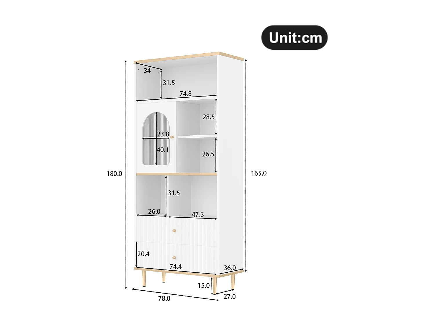 Bibliothèque multifonctionnelle - 78 x 36 x 180 cm -  avec 1 porte transparente + 2 tiroirs + Leds - MDF + Métal - blanc