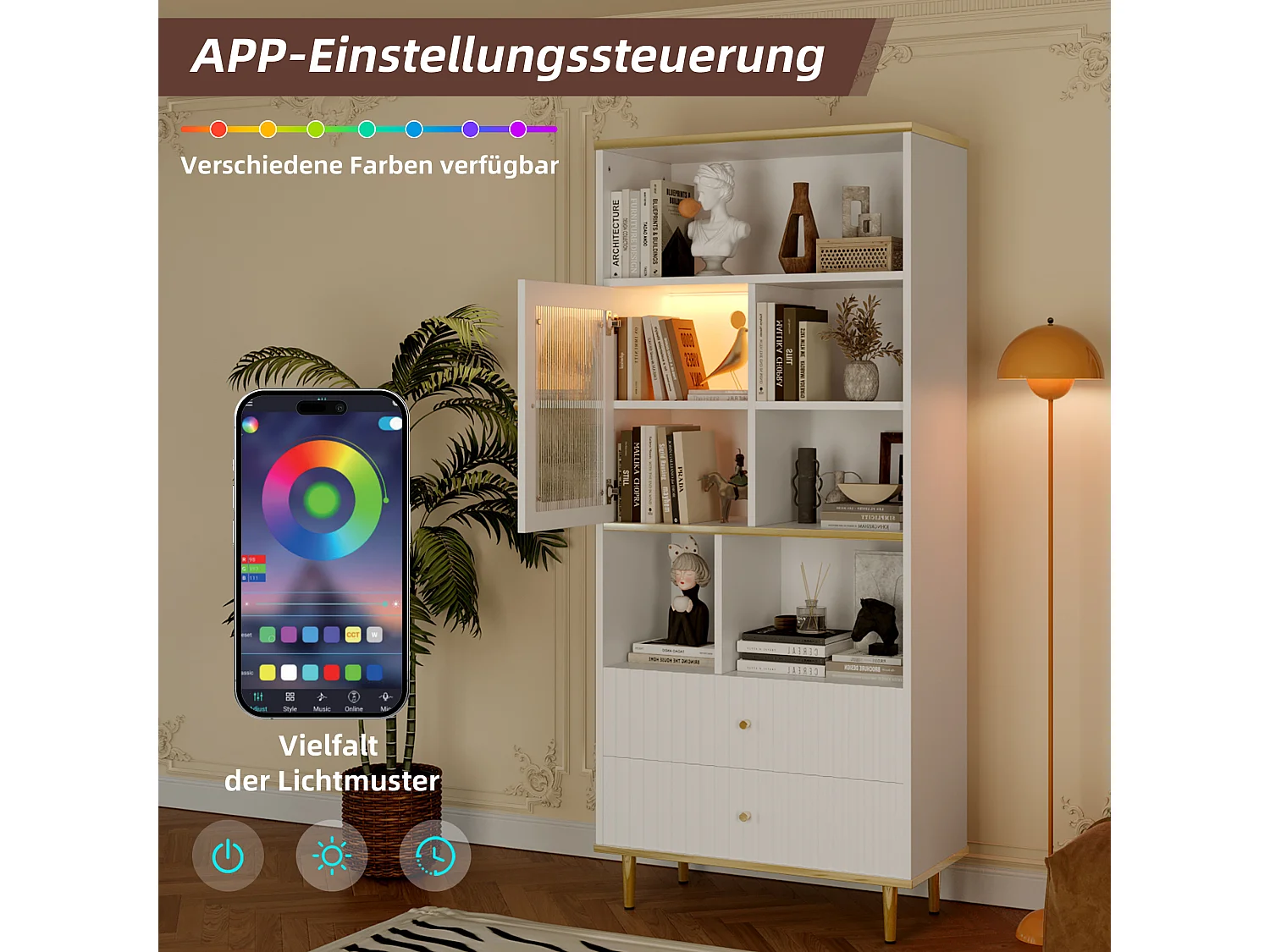 Bibliothèque multifonctionnelle - 78 x 36 x 180 cm -  avec 1 porte transparente + 2 tiroirs + Leds - MDF + Métal - blanc